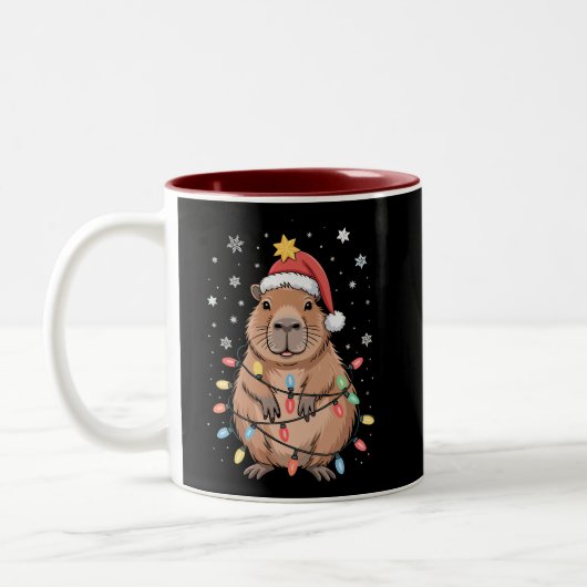 Kerst Capybara met Kerstman Hoed kerstverlichting Tweekleurige Koffiemok (Links)