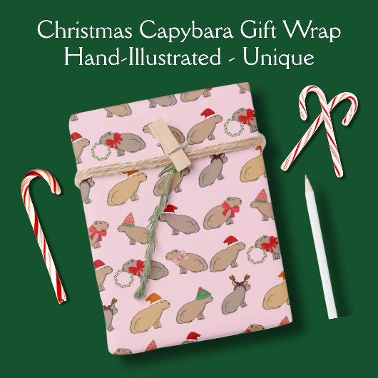 Kerst Capybara Schattige Zoo Dier Hand-getrokken Inpakpapier Vel