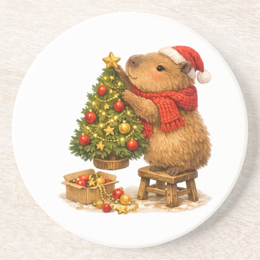 Kerst Capybara Versiert Boom Zandsteen Onderzetter (Voorkant)