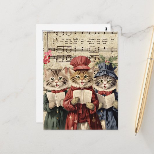 Kerst Caroling Cats Briefkaart (Voorkant / Achterkant in situ)