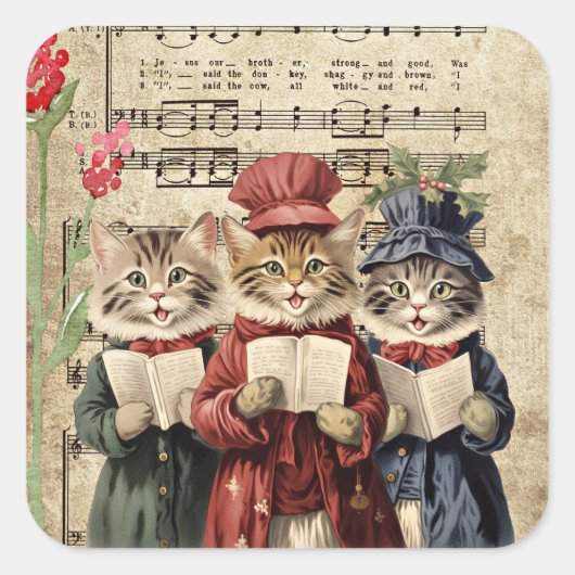 Kerst Caroling Cats Vierkante Sticker (Voorkant)