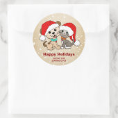 Kerst Cartoon Kat Hond Ronde Sticker (Tas)