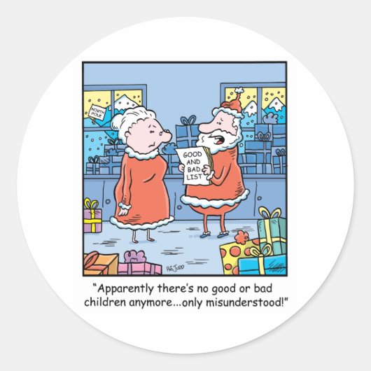 Kerst Cartoon Santas Goede en slechte lijst Ronde Sticker (Voorkant)