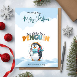 Kerst cartooneske gewoon chillen als een pinguïn feestdagenkaart