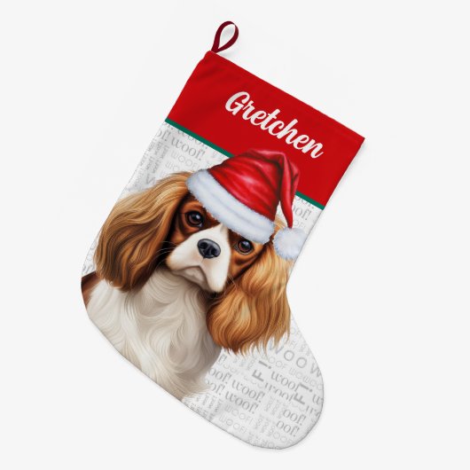 Kerst Cavalier Hond met Naam Woof Achtergrond Grote Kerstsok (Voorkant (Hangend))