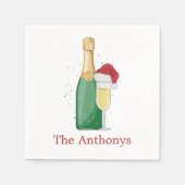 Kerst Champagne Fles & Santa Hat Fluit Naam Servet (Voorkant)