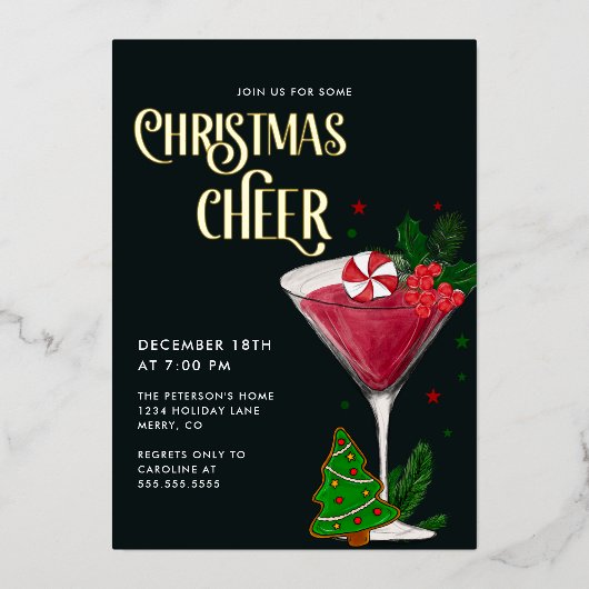 Kerst Cheer Holiday Party Echt Goud Folie Uitnodiging (Voorkant)