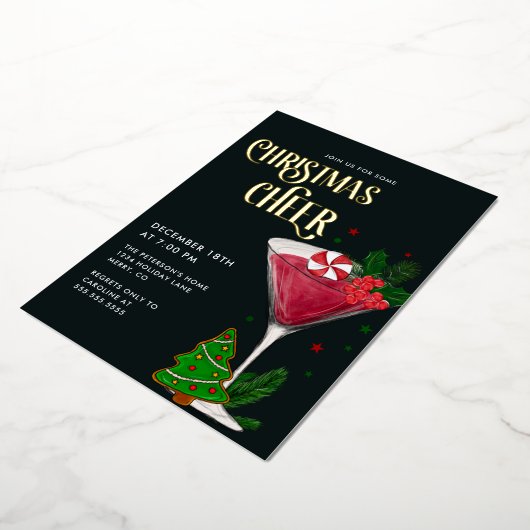 Kerst Cheer Holiday Party Echt Goud Folie Uitnodiging (Gedraaid)