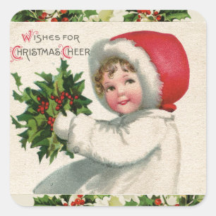 Kerst Cheer  Holly Meisje Vakantie Vierkante Sticker