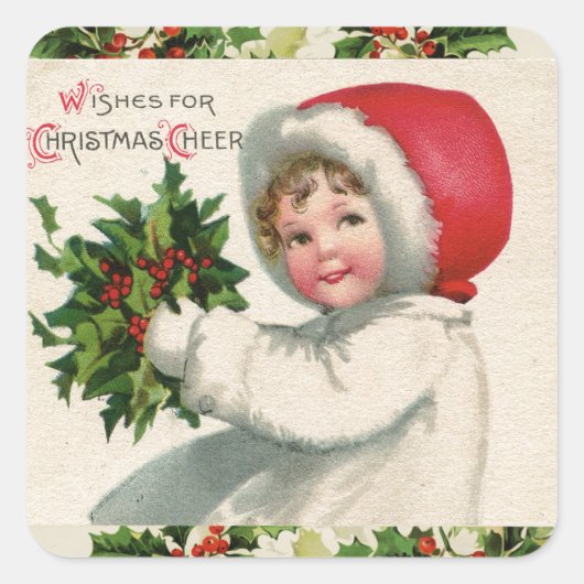 Kerst Cheer Holly Meisje Vakantie Vierkante Sticker (Voorkant)