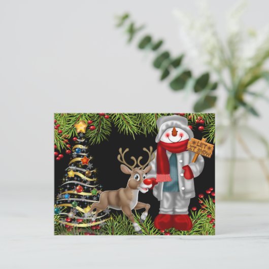 Kerst Cheer Sneeuwman Rendieren Scene briefkaart 2 (Staand voorkant)