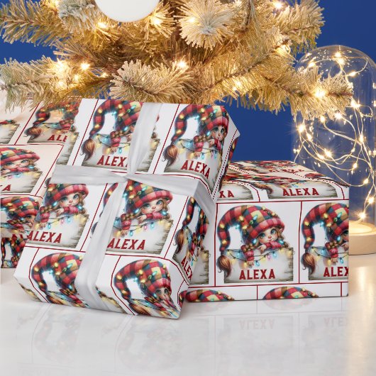 Kerst Chibi Gnome met aangepaste naam Cadeaupapier (Feestdagen)