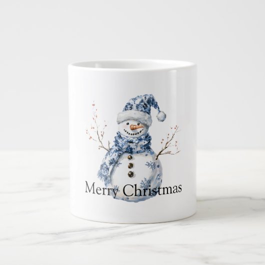 Kerst Chic Blauw Witte Sneeuwman Grote Koffiekop (Voorkant)