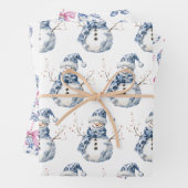 Kerst Chic Blauw Witte Sneeuwman Inpakpapier Vel (In situ)