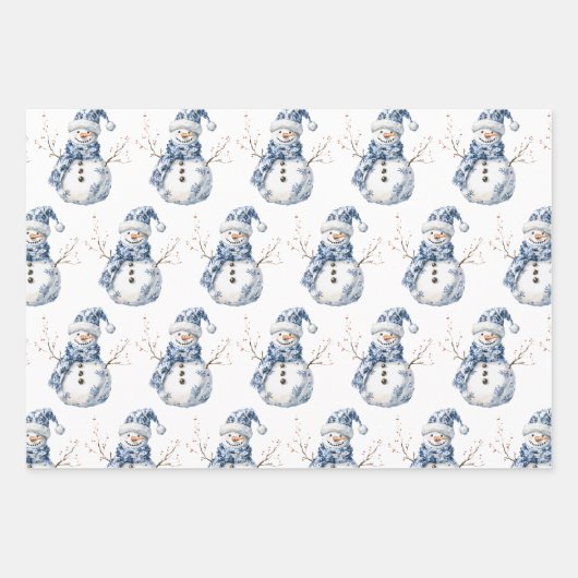 Kerst Chic Blauw Witte Sneeuwman Inpakpapier Vel (Voorkant)
