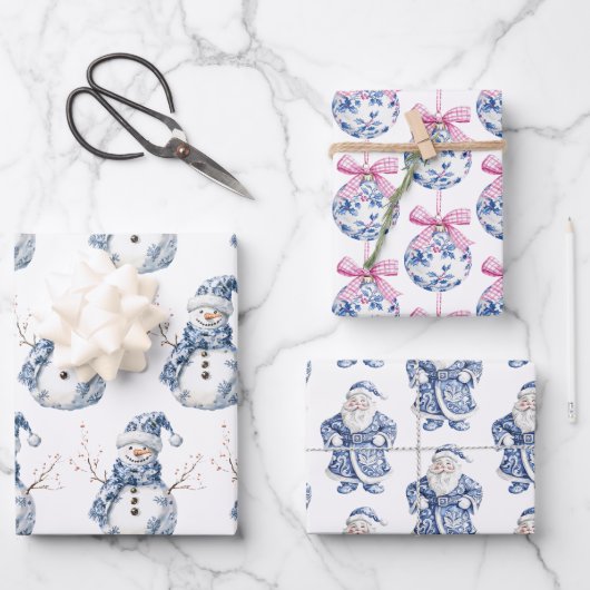 Kerst Chic Blauw Witte Sneeuwman Inpakpapier Vel (Voorkant)