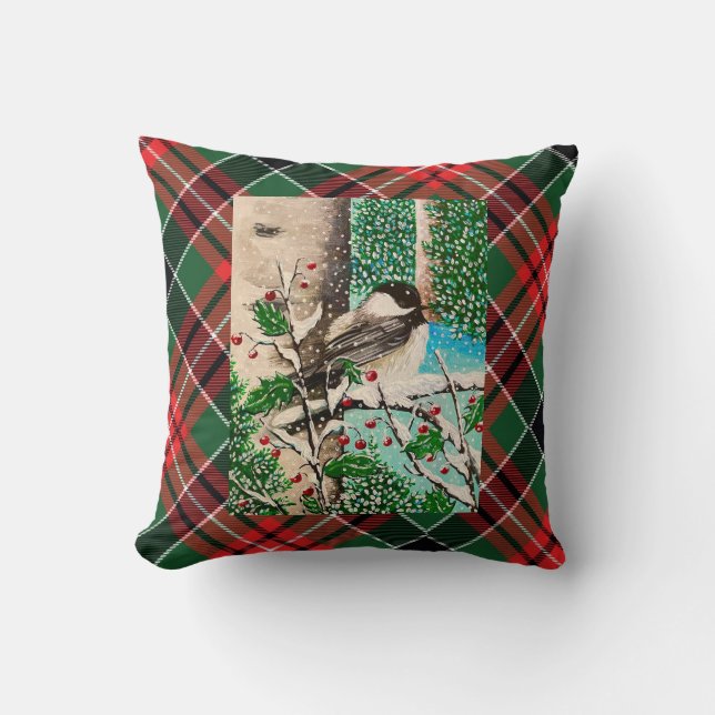 Kerst Chickadee Chatter Plaid Kussen (Voorkant)