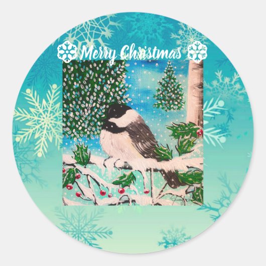 Kerst Chickadee Chatter Ronde Sticker (Voorkant)
