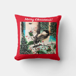Kerst Chickadee Chatter Rood Kussen