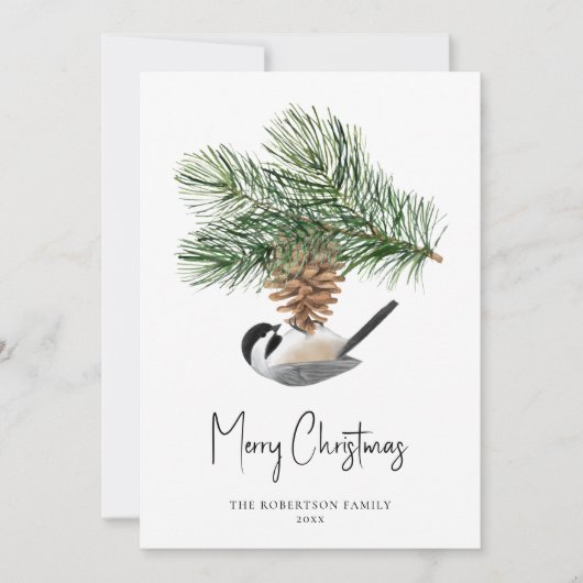 Kerst Chickadee Rustieke Winter Pine Cone Feestdagenkaart (Voorkant)