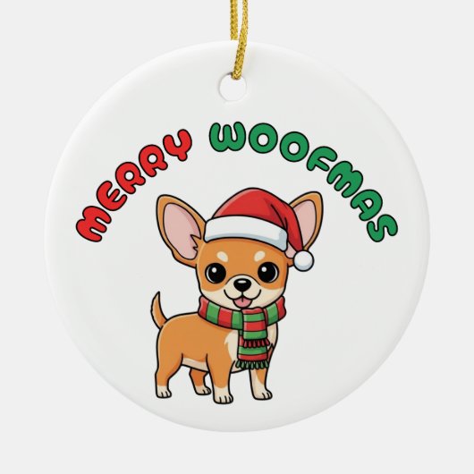 Kerst Chihuahua Ornament: Vrolijk Woofmas Keramisch Ornament (Voorkant)