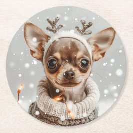 Kerst Chihuahua Rendier Hond Ronde Kartonnen Onderzetter