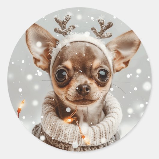Kerst Chihuahua Rendier Hond Ronde Sticker (Voorkant)