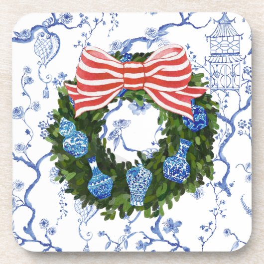 Kerst Chinoiserie Krans, Ginger Jar, Bier Onderzetter (Voorkant)