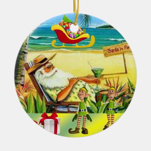Kerst Cirkel Ornament, Summer Beach Santa Keramisch Ornament (Voorkant)