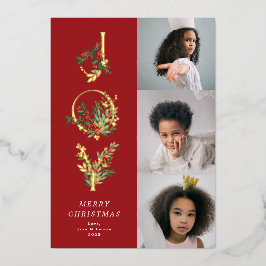 Kerst Classic Red Botanical JOY Collage Foto Folie Feestdagenkaart