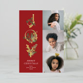Kerst Classic Red Botanical JOY Collage Foto Folie Feestdagenkaart (Staand Voorkant)