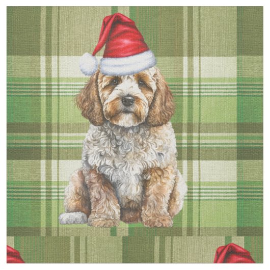 Kerst Cockapoo Hond en Green Plaid Vakantie Stof (Close Up)