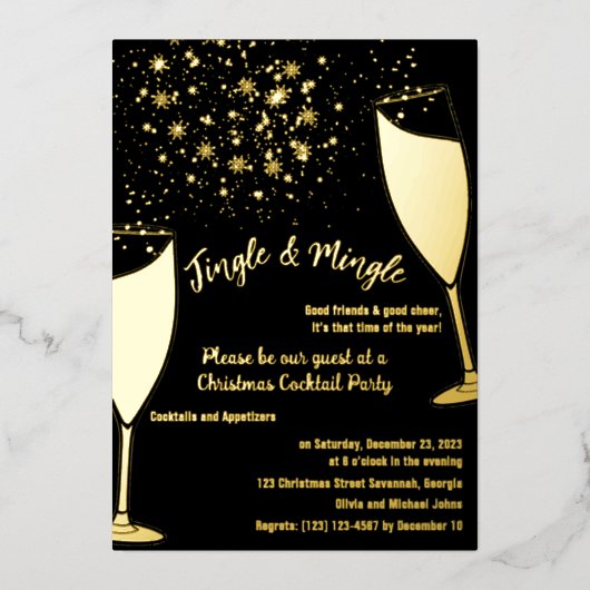 Kerst Cocktailparty Uitnodiging Goud en zwart (Voorkant)