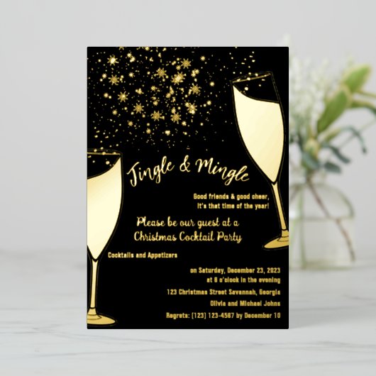 Kerst Cocktailparty Uitnodiging Goud en zwart (Staand Voorkant)