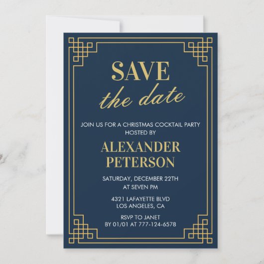 Kerst Cocktailparty Uitnodiging Save the date Navy (Voorkant)