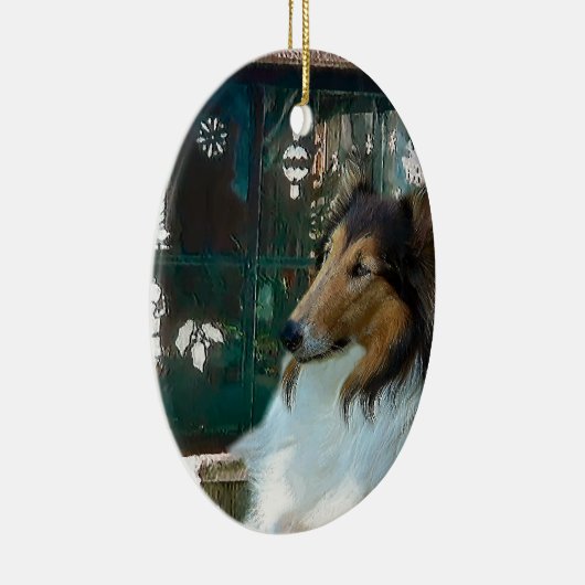 Kerst Collie bij het raam Keramisch Ornament (Rechts)