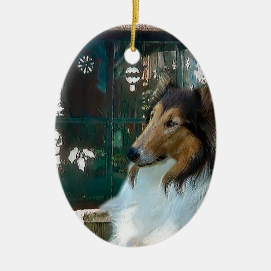 Kerst Collie bij het raam Keramisch Ornament (Voorkant)