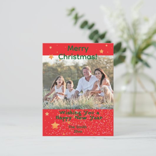 Kerst confetti gouden groene foto rood briefkaart (Staand voorkant)
