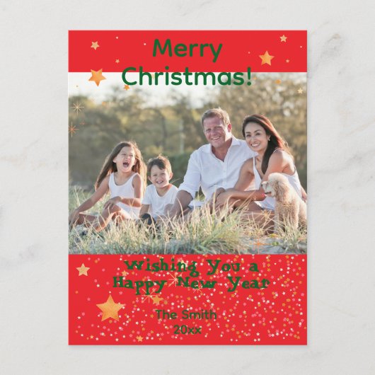 Kerst confetti gouden groene foto rood briefkaart (Voorkant)