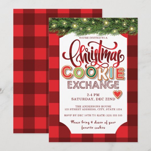 Kerst Cookie Exchange Party Red Plaid Kaart (Voorkant / Achterkant)