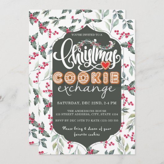 Kerst Cookie Exchange Party Waterverf Groen Kaart (Voorkant / Achterkant)