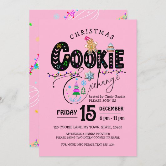 Kerst Cookie Exchange Roze Vakantie Kaart (Voorkant / Achterkant)