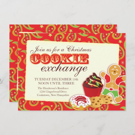 Kerst Cookie uitwisseling & etiquette rood uitnodi Kaart (Voorkant / Achterkant)