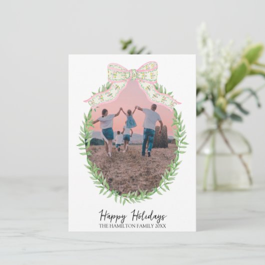 Kerst Coquette Krans Foto Grandmillennial Feestdagenkaart (Staand voorkant)