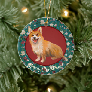 Kerst corgi bloemstuk keramisch ornament