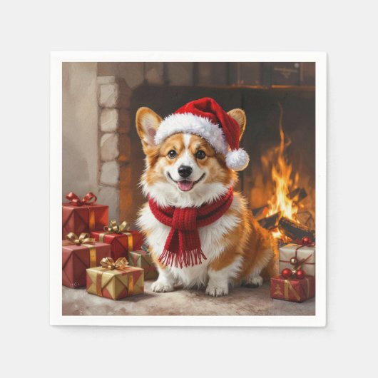 Kerst Corgi Hond bij de Haard Servet (Voorkant)