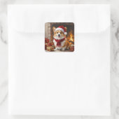 Kerst Corgi Hond bij de Haard Vierkante Sticker (Tas)