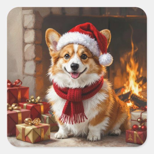 Kerst Corgi Hond bij de Haard Vierkante Sticker (Voorkant)