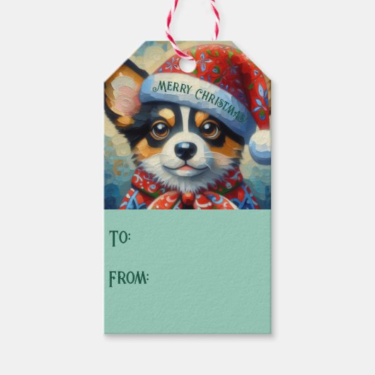 Kerst Corgi Hond Puppy w / Santa Hoed Cadeaulabel (Voorkant)