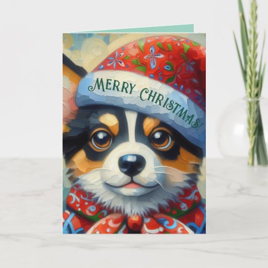 Kerst Corgi Hond Puppy w / Santa Hoed Kaart (Voorkant)